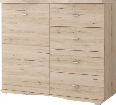 A light brown wooden dresser with silver handles against a white background.