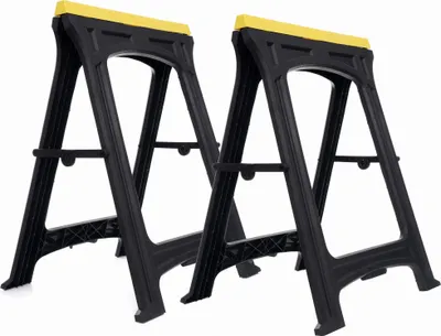Two black sawhorses with yellow tops are shown against a white background.