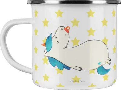 Produktbild von Mr. & Mrs. Panda Emaille Tasse Einhorn Schnuller - Weiß - Geschenk, Haferl, Geburt, Teetasse, Mutter, Mama, Pott, emaillebecher, Geburtstag, Campingtasse, Unicorn, Baby
