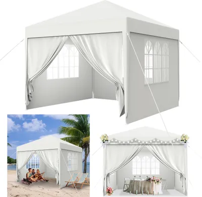 Collage of images showing a white gazebo tent in different settings: a close-up, on a beach with people, and decorated for an event.