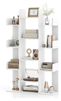 Produktbild von Bücherregal in Baumform mit 13 offenen Fächern, Standregal für Wohnzimmer oder Büro, vintagebraun, 86 x 24,5 x 141 cm, Weiß