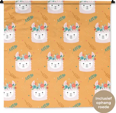 Produktbild von MuchoWow® Wandteppich Wandbehang Lama - Blumenkranz - Schnittmuster 150x150 cm Tapisserie Dekoration Wandtuch - Wohnaccessoires - Modernes