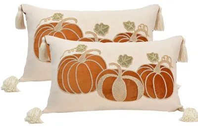 Immagine prodotto di Cuscini decorativi autunnali a forma di zucca, 30x50 cm, in lino con frange, set da 2