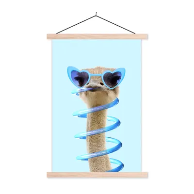 Produktbild von MuchoWow® Textilposter Strauß - Sonnenbrille - Blau - Tiere 60x90 cm mit holzfarbenen Rahmen - Textil