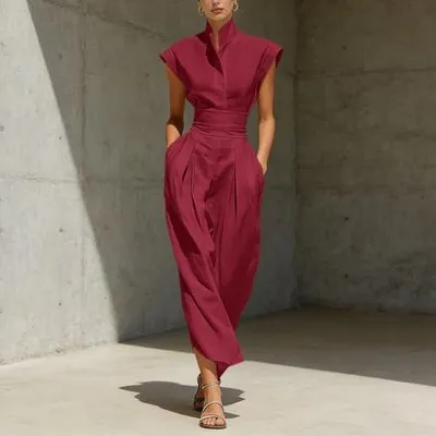 Produktbild von Elegantes langes Damen-Etuikleid für das Büro, ärmellos, tailliert und in A-Linie, mit Plissee, Stehkragen und Taschen, einfarbiges Maxikleid für den Sommer