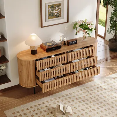Obrázek produktu pro MODFU Komoda, 140×40×80 cm, komoda se 6 zásuvkami a lameloovým designem, úložná skříň do obývacího pokoje s kovovými nohami, přírodní dřevo