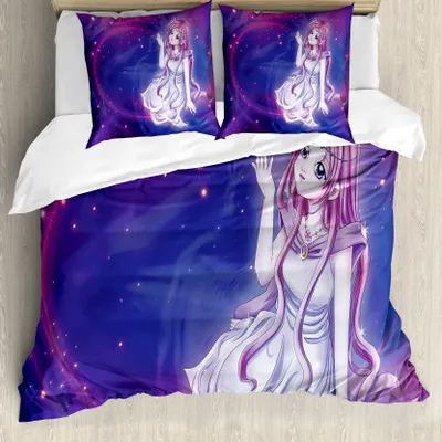 Produktbild von ABAKUHAUS Anime Bettbezug, Lila Anime Fairy sitzen, Milbensicher Allergiker geeignet mit Kissenbezügen, 155 cm x 220 cm - 80 x 80 cm, Lila-blau