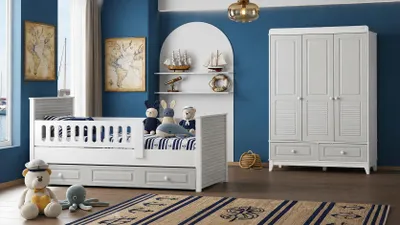 Immagine prodotto di Set per cameretta moderna: lettino e armadio in grigio e bianco