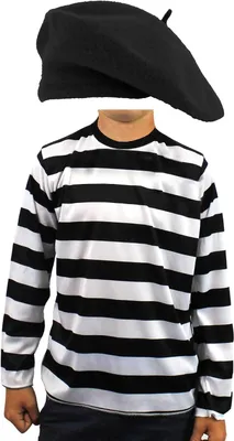 Productafbeelding van Kind Kostuum Set - Frans Thema - Verkleden - Gestreept Shirt - 7-9 Jaar - Zwart Wit
