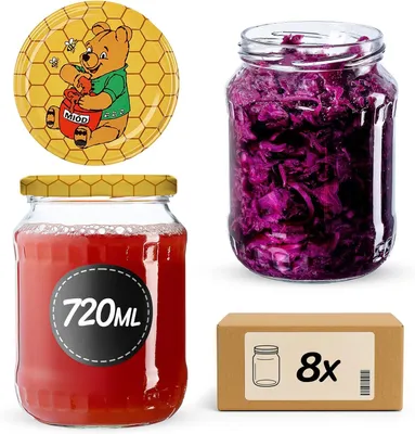 Imagen del producto de Tarros de cristal KADAX con tapa "Jukka", ideales para mermeladas y conservas, de 720 ml, diseño Winnie the Pooh, pack de 8 unidades