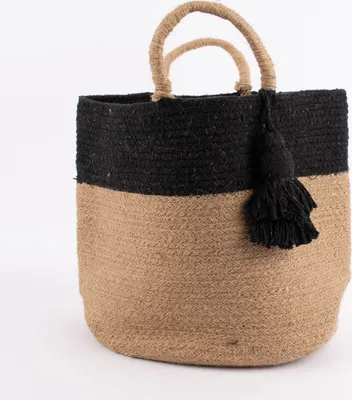 Produktbild von Aufbewahrungstasche rund geflochten mit Quaste Jute natur schwarz 30x30cm