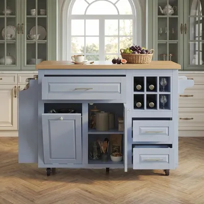 Produktbild von Küchenwagen mit Schubladen und Weinkorb, Snackregal Kücheninsel Küchenschrank Servierwagen für Küche, Esszimmer und Bar Blau