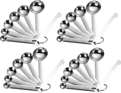 Produktbild von 4 x 6 teiliges Messlöffel Set Edelstahl | Dosierlöffel mit Messlineal für Backmessen, Trockenrationen | Dosierhilfe beim Kochen und Backen | Kaffeemaß | kompakte & platzsparende Messbecher