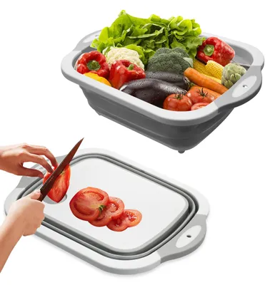 Produktbild von Faltbare Schüssel und Schneidebrett für Camping, multifunktionales Schneidebrett und Spülbecken, faltbares Spülbecken, rutschfestes Spülbecken mit Abtropffläche