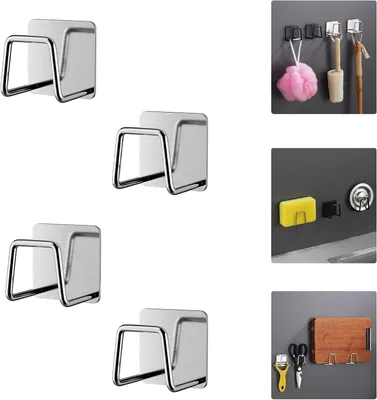 Produktbild von Küchen Schwammhalter aus Edelstahl, 4 Stück, ohne Bohren, Wandmontage, für Küche und Bad
