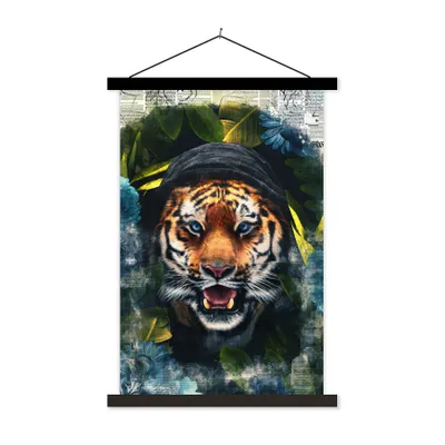 Produktbild von MuchoWow® Textilposter Tiger - Zeitung - Blumen 40x60 cm mit schwarzem Rahmen - Wanddekorationen
