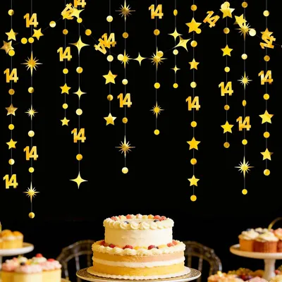 Girlande 14. Geburtstag, gold, Sterne & Monde, 4×3,5 m, Glitzerkarton