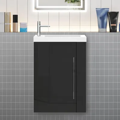 Produktbild von Badmöbel 45cm Mineralguss Waschtisch mit Unterschrank Hochglanz Schwarz Hängeschrank Badschrank Kleine Badezimmerschränke