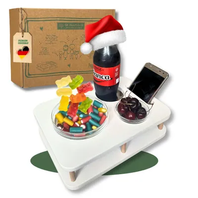 Produktbild von Couchbar Snackbox YOLO Weiß mit 2 Glasschalen - Getränkehalter für Sofa - Snackbar für die Couch - Couch Tablett mit Getränkehalter - Sofa Butler