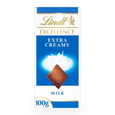 A product shot of a Lindt Excellence Extra Creamy Milk chocolate bar packaging.