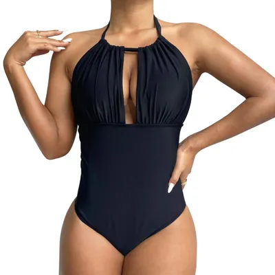 Productafbeelding van KBRPEY Één delig badpak dames, buikweg model, halterneck, diepe halslijn, monokini, gerimpeld