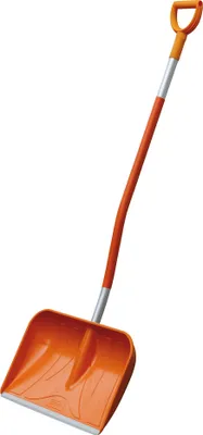 An orange snow shovel with a silver handle and D-grip, isolated on a white background.