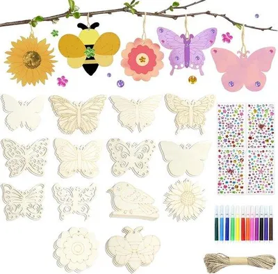 Produktbild von Famanu Bastelset Kinder 49 Teile - Schmetterling, Blume und Vogel Anhänger