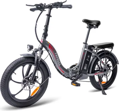 A studio shot of a gray electric bicycle against a white background.