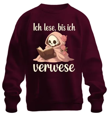 Productafbeelding van Ik lees tot ik verdwaal. Boekenwurm, leeshobby, skelet, Halloween, uni sweatshirt, pullover, bordeauxrood, maat L