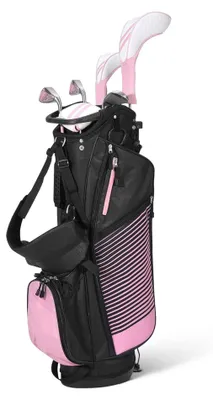 Produktbild von Amazon Basics Golfschlägerset, 6-teilig mit Standtasche, übergroße Schlagfläche, niedriger Schwerpunkt,Rechtshänder, Rosa/Schwarz