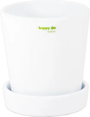 A white ceramic plant pot with a saucer, featuring a small green logo and text.