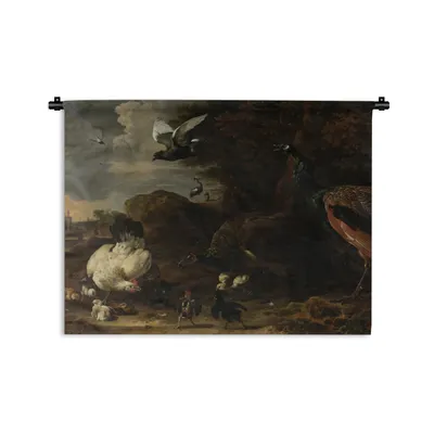 Produktbild von MuchoWow® Wandteppich Wandbehang Eine Henne mit Küken, bedroht von zwei Pfauen - Gemälde von Melchior d'Hondecoeter 150x112 cm Tapisserie Dekoration Wandtuch - Wanddecke - Wandteppiche