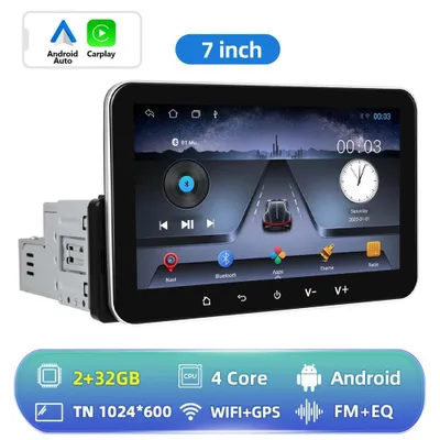 Image de Autoradio Android - Écran tactile 1-DIN de 17,8 cm - 2 Go de RAM, 32 Go de ROM - Résolution 1024×600 - CarPlay et Android Auto - Bluetooth, Wi-Fi, GPS - Radio FM, 4×45 W - Commandes au volant - Noir