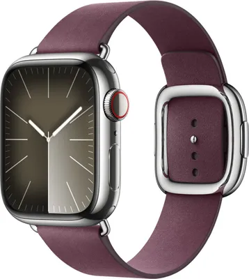 A product shot of an Apple Watch with a purple band.