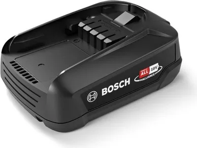 A black Bosch battery pack is shown from a diagonal angle on a white background.