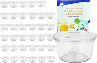 Produktbild von 36er Set Weck Sturzgläser 290ml nieder, 1/5L Gläser mit 36 Glasdeckeln inkl. Rezeptheft