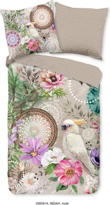 A flat lay of a duvet cover and pillowcase set with a floral and parrot design.