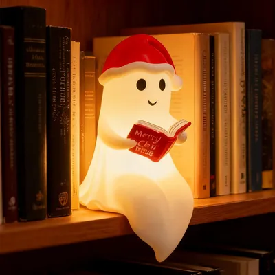 Produktbild von Weihnachten Geisterstatue Nachtlicht,Niedliche&Herzlich Bücher Geisterleselampe,Weihnachten-Dekoration,3D-LED-Nachtlicht (Groß)