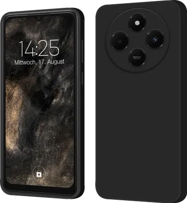 A black smartphone case is shown from the front and back, with the front displaying a phone screen.