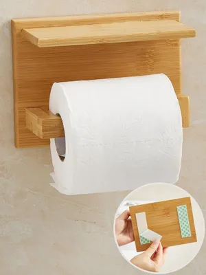 Produktbild von WC-Rollenhalter aus Bambus mit Ablage - Holz-Toilettenpapierhalter ohne Bohren