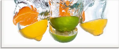 Produktbild von ARTland Glasbild Zitrusfrüchte fallen in klares Wasser Größe: 125x50 cm