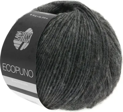 A ball of dark grey yarn with a label.