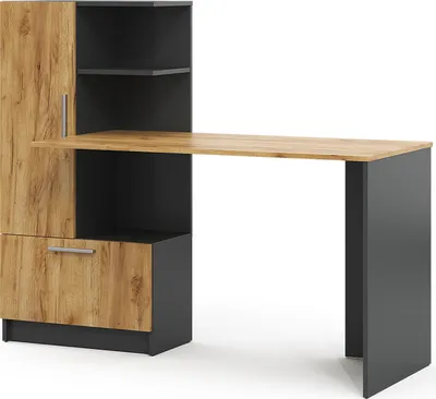 A modern desk with a cabinet and shelves.