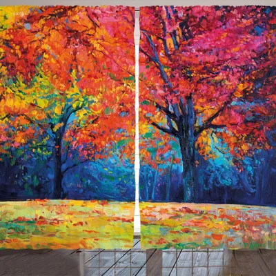 Zdjęcie produktu dla ARANDE Naturalna zasłona, kolorowe drzewa i opadające jesienne liście Sezonowy obraz artystyczny, 280 x 225 cm, cynobrowy granatowy