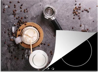 Produktbild von KitchenYeah© Herdabdeckplatte Milch - Kaffeebohnen - Küche - Kaffeefilter , 71x52cm, Küche Deko, Glaskeramikkochfeld Herdabdeckung, Abdeckplatte fùr Kochfeld