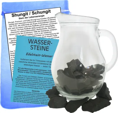Produktbild von Schungit (Shungite) Rohsteine für Edelsteinwasser zum Wasser energetisieren + 1 Liter Glaskrug + Beschreibung
