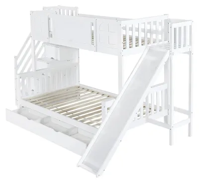 Obrázek produktu pro Dětská palanda 90 x 200 cm - masivní dřevo a MDF - s oknem a skluzavkou - zásuvky na kolečkách - schůdky s madlem - 4 úložné prostory ve schůdcích - bílá barva