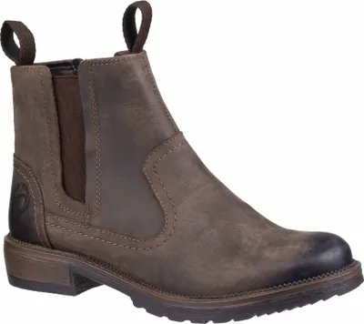 A single brown leather boot is shown against a white background.
