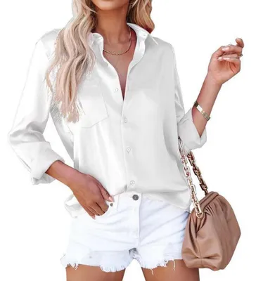Obrázek produktu pro Elegantní dámská halenka s výstřihem do V, dlouhými rukávy, business top, ležérní, volná košile, jednoduchá košile s dlouhými rukávy a kapsou