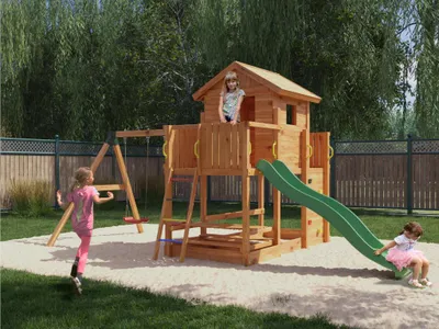 Produktbild von Stelzenhaus Mars teakfarben mit integriertem Spielhaus, Doppelschaukel, Kletterwand, Sandkasten und Picknicktisch